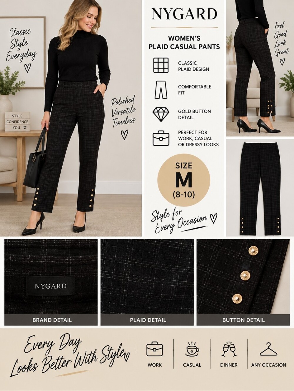Nygard womens medium plaid casual pants with gold button detail #04
